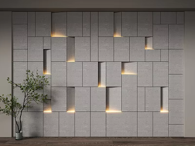 Modern Gray Geometric Block Background Wall With Recessed Lighting And Potted Green Plant 3d model