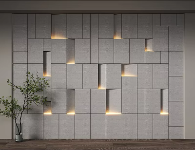 Modern Gray Geometric Block Background Wall With Recessed Lighting And Potted Green Plant 3d model