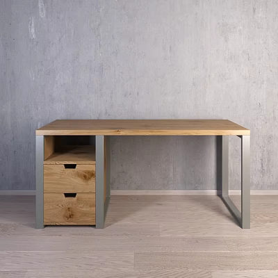 Wooden Office Desk With Metal Frame And Drawer Cabinet Against Gray Wall 3d model