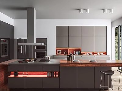 Modern Kitchen Interior With Gray Cabinets Island Range Hood And Orange Lighting 3d model