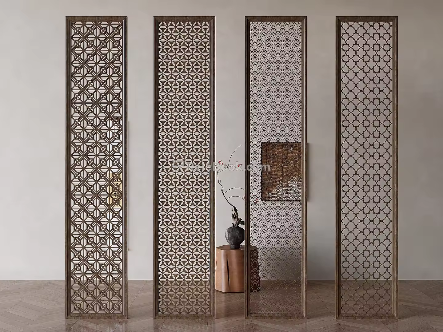 Chinese-style Lattice Hallway Partition Solid Wood Hollow-out Carved Screen 3d model
