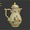 Elegant White Ceramic Jug With Lid And Colorful Apple Butterfly Leaf Decorations