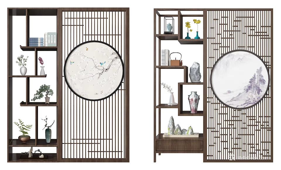 Chinese Style Room Divider With Circular Decor Shelves Vases And Green Plants 3d model 