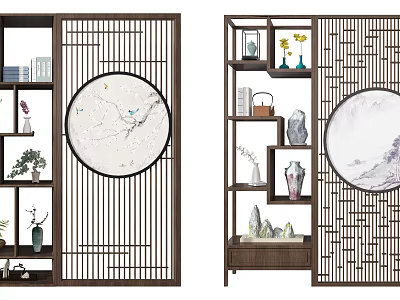 Chinese Style Room Divider With Circular Decor Shelves Vases And Green Plants 3d model
