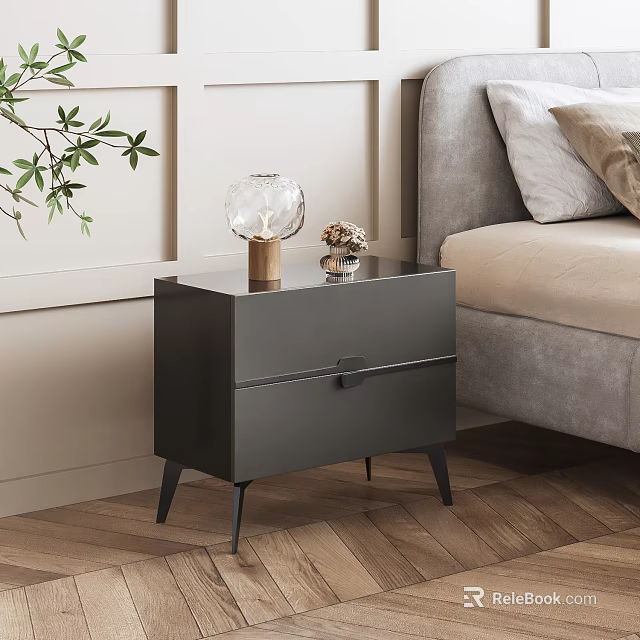 Black Bedside Table with Two Drawers Clear Glass Globe and Small Bouquet 3d model 