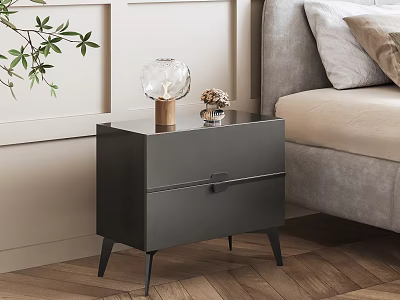 Black Bedside Table with Two Drawers Clear Glass Globe and Small Bouquet 3d model
