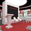 Shopping Mall Counter Red Exterior With Snowflake Decorations Circular Design And White Chairs