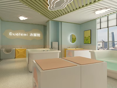 Modern Baby Swimming Pool Interior With Light Blue Walls Windows Bathtubs And Tables 3d model