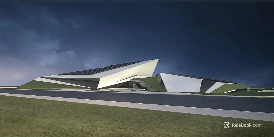 Modern Geometric Architectural Building With Curved Roof Glass Facade And Waterfront Lawn 3d model 