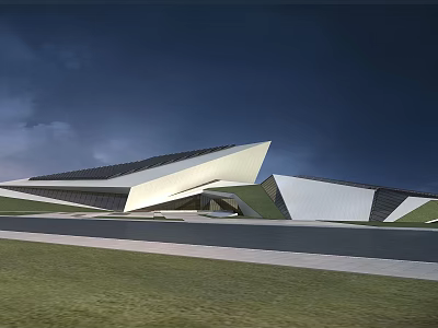 Modern Geometric Architectural Building With Curved Roof Glass Facade And Waterfront Lawn 3d model