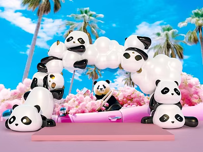 Pink Stage With Panda Balloon Arch Surrounded By Palm Trees And Pink Flowers 3d model