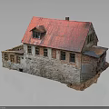 Vintage Old House Architecture With Red Roof Stone Walls And Wooden Windows
