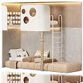Cozy Children's Bunk Bed With Beige Ladder Padded Mattress Soft Pillows And Gray Walls