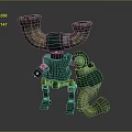 Green Robot With Red Striped Horn Pipes And Green Yellow Striped Creature Companion