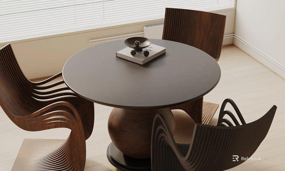 Dining Table Set With Round Black Tabletop Wooden Base Curved Chairs In Modern Bright Space 3d model 