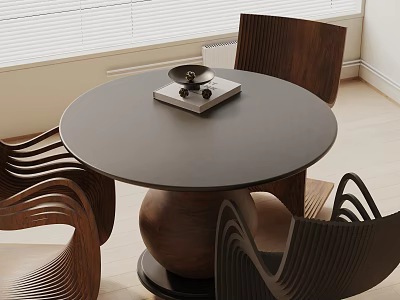 Dining Table Set With Round Black Tabletop Wooden Base Curved Chairs In Modern Bright Space 3d model