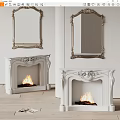 White Ornate Fireplace Design With Flames And Decorative Mirrors In Interior Space