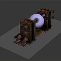 Industrial Equipment Device With Wooden Frames Silver Sphere Metal Pipes And Red Components
