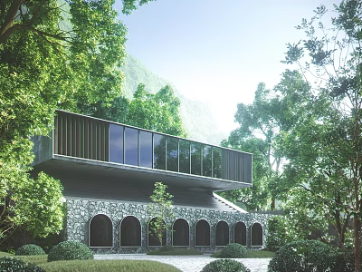 Garden Landscape Featuring Modern Building Green Trees Stone Arch Walls And Glass Windows 3d model