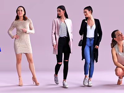 Multiple Women Wearing Different Outfits Posing in Various Styles on Pink Backdrop 3d model