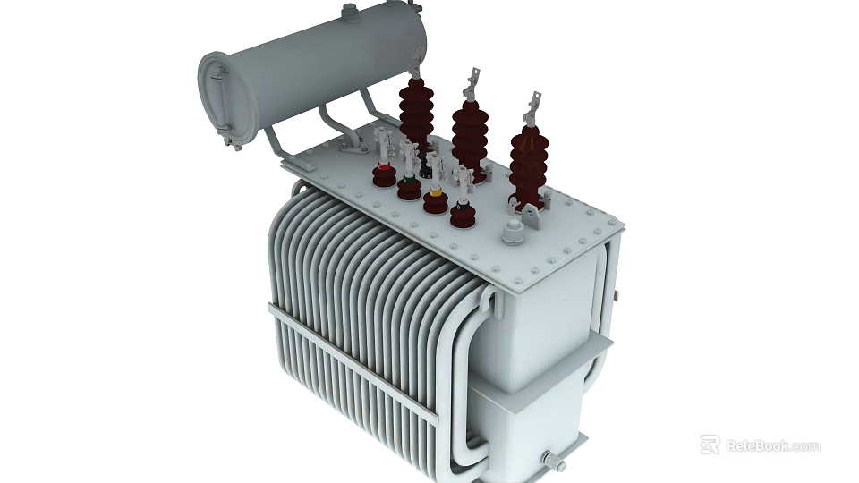 Industrial Power Transformer With Cooling Fins And High Voltage Insulators 3d model 