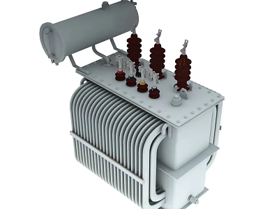 Industrial Power Transformer With Cooling Fins And High Voltage Insulators 3d model