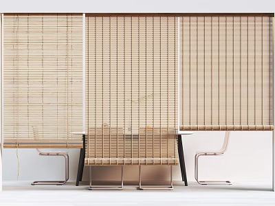 Natural Bamboo Window Blinds For Home Interior With Wooden Table And Chairs 3d model