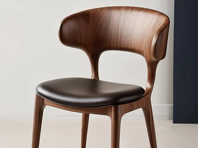 Modern Elegant Dining Chair With Walnut Wood Curved Back And Black Leather Seat 3d model