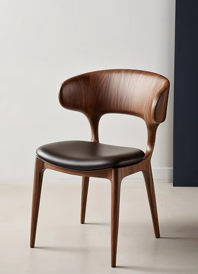 Modern Elegant Dining Chair With Walnut Wood Curved Back And Black Leather Seat 3d model