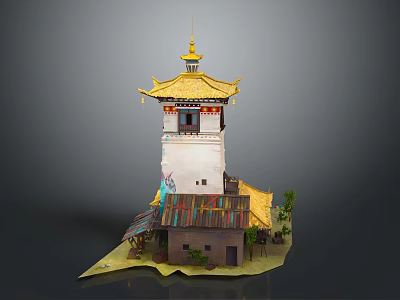 Cartoon Scene Featuring Chinese Pagoda with Golden Roof White Walls Small Buildings and Plants 3d model