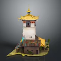 Cartoon Scene Featuring Chinese Pagoda with Golden Roof White Walls Small Buildings and Plants