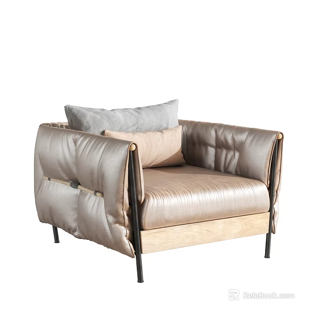 Padded Beige Single Seater Sofa with Stitched Backrest Black Metal Legs Gray and Beige Pillows 3d model 