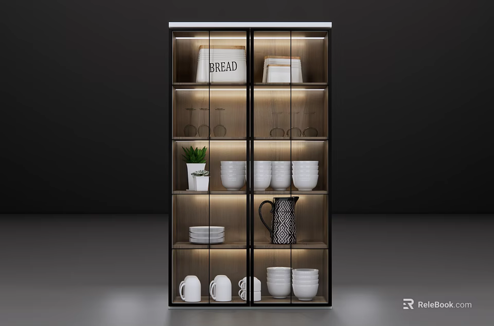 Modern Display Cabinet Interior With Bread Bowls Mugs Glassware And Small Plant 3d model 