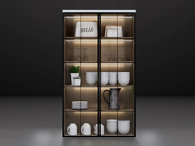 Modern Display Cabinet Interior With Bread Bowls Mugs Glassware And Small Plant 3d model