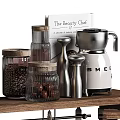 Stylish Kitchen Ornamental Decor Set With Coffee Machine Mugs Jars Wooden Shelf And Metal Utensils