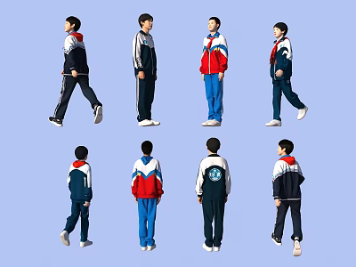 Students in Blue Red White School Uniforms with Multiple Angles on Light Blue Background 3d model
