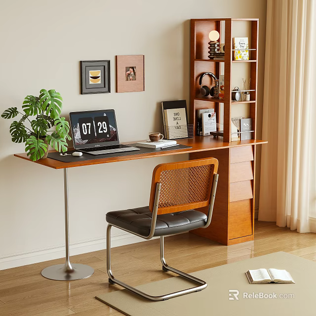 Modern Home Office Desk Setup With Laptop Green Plant Wall Art And Wooden Bookshelf 3d model 