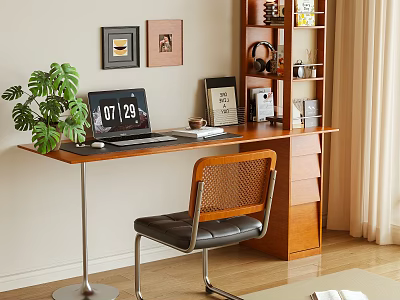 Modern Home Office Desk Setup With Laptop Green Plant Wall Art And Wooden Bookshelf 3d model