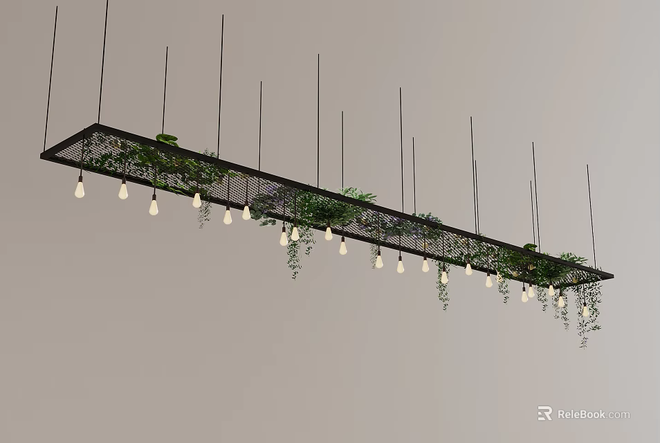 Modern Ceiling Design With Black Frame Green Vines And Hanging Lights 3d model 