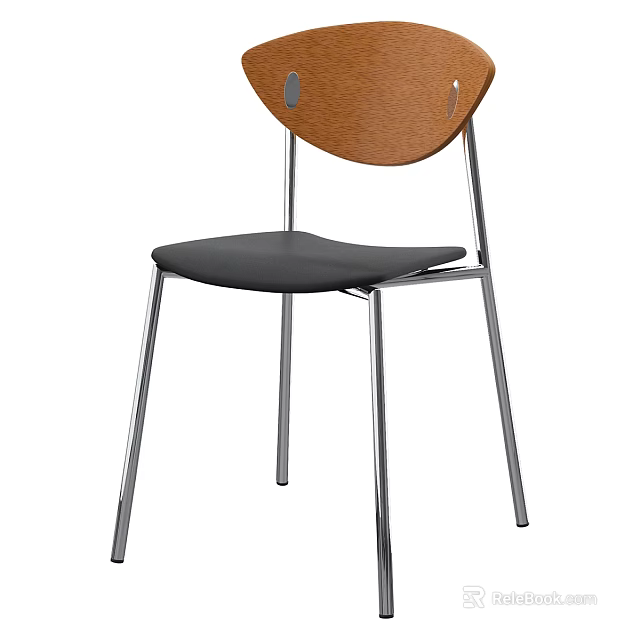 Modern Minimalist Single Chair With Wooden Backrest Metal Legs And Black Cushion Design 3d model 