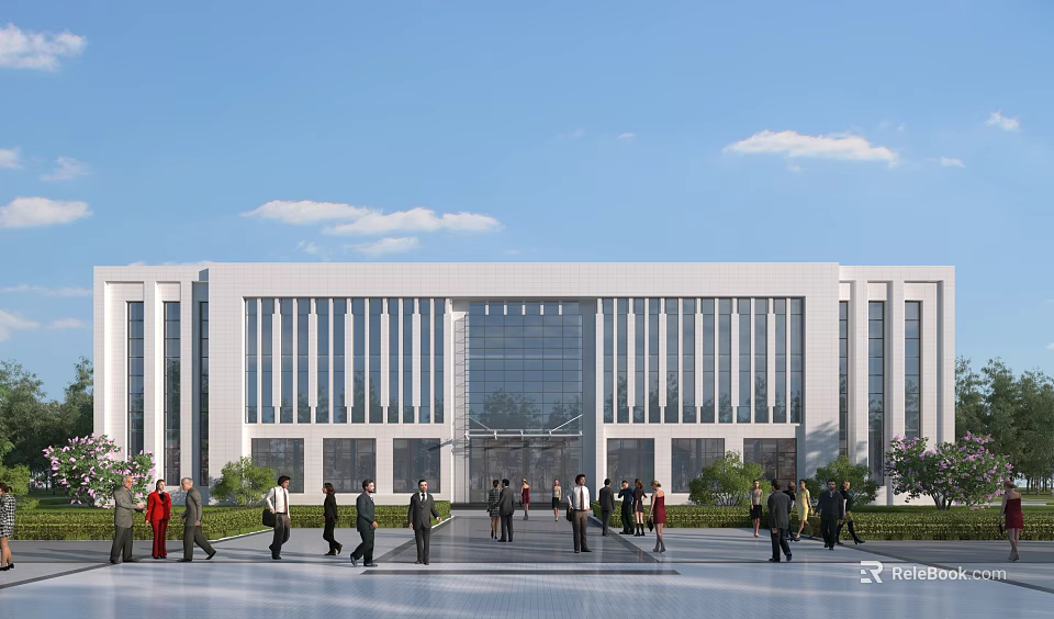 Modern Office Building With White Exterior Glass Curtain Wall And Front Plaza People Greenery 3d model 