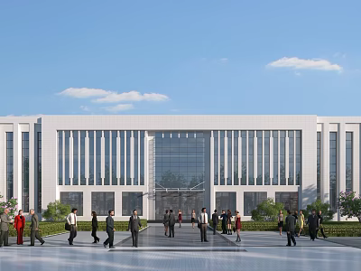 Modern Office Building With White Exterior Glass Curtain Wall And Front Plaza People Greenery 3d model