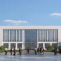 Modern Office Building With White Exterior Glass Curtain Wall And Front Plaza People Greenery
