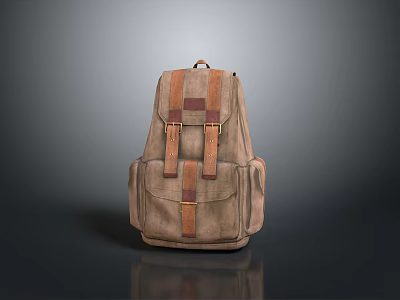 Vintage Brown Leather Backpack Featuring Double Front Pockets And Metal Buckles 3d model