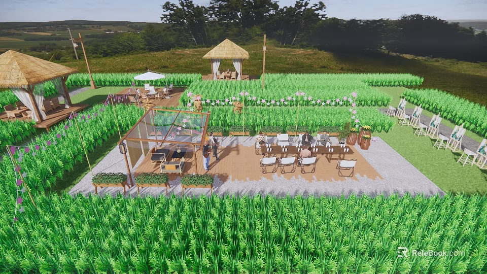 Rural Countryside Landscape with Green Fields Thatched Pavilion and Outdoor Seating Area 3d model 