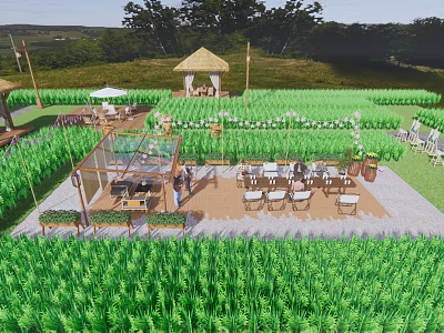Rural Countryside Landscape with Green Fields Thatched Pavilion and Outdoor Seating Area 3d model