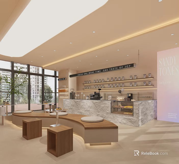 Modern Café with Marble Counter Wooden Seats Coffee Equipment Display Shelves Large Windows Natural Light 3d model 