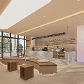 Modern Café with Marble Counter Wooden Seats Coffee Equipment Display Shelves Large Windows Natural Light