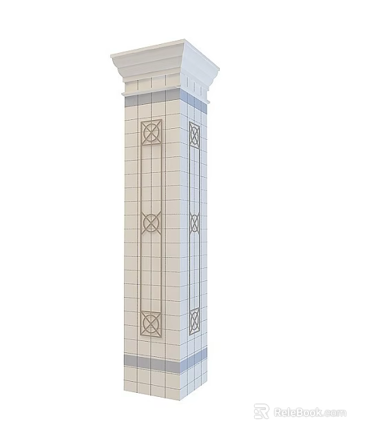 White Decorative Stone Column With Intricate Geometric Patterns And Blue Gray Borders 3d model