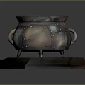 Old Rusty Metal Cauldron Filled With Green Liquid On Cracked Brick Base